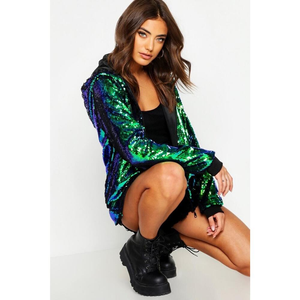 Los Angeles Boutique Multicolor Green Sequin Hooded Zip Jacket Festival Party M